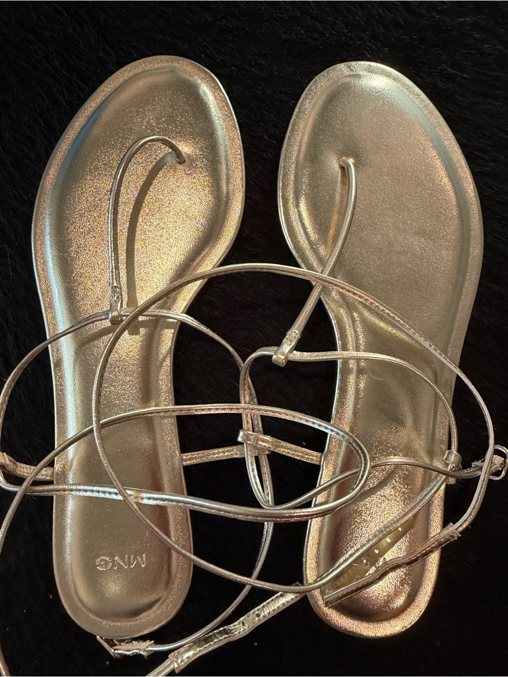 Mango Metallic Gold Strappy Flat Sandals NWOT